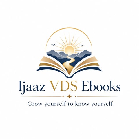 Ijaaz VDS Ebooks logo featuring an open book with mountains and sunrise, tagline Grow yourself to know yourself