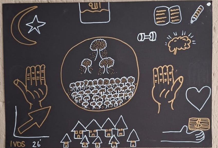 Chalkboard drawing with central image of trees surrounded by hands, moon, star, heart, houses, dumbbells, and other decorative elements